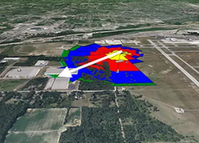 Red de monitoreo ambiental Sensigent con estaciones, viento y seguimiento de pluma